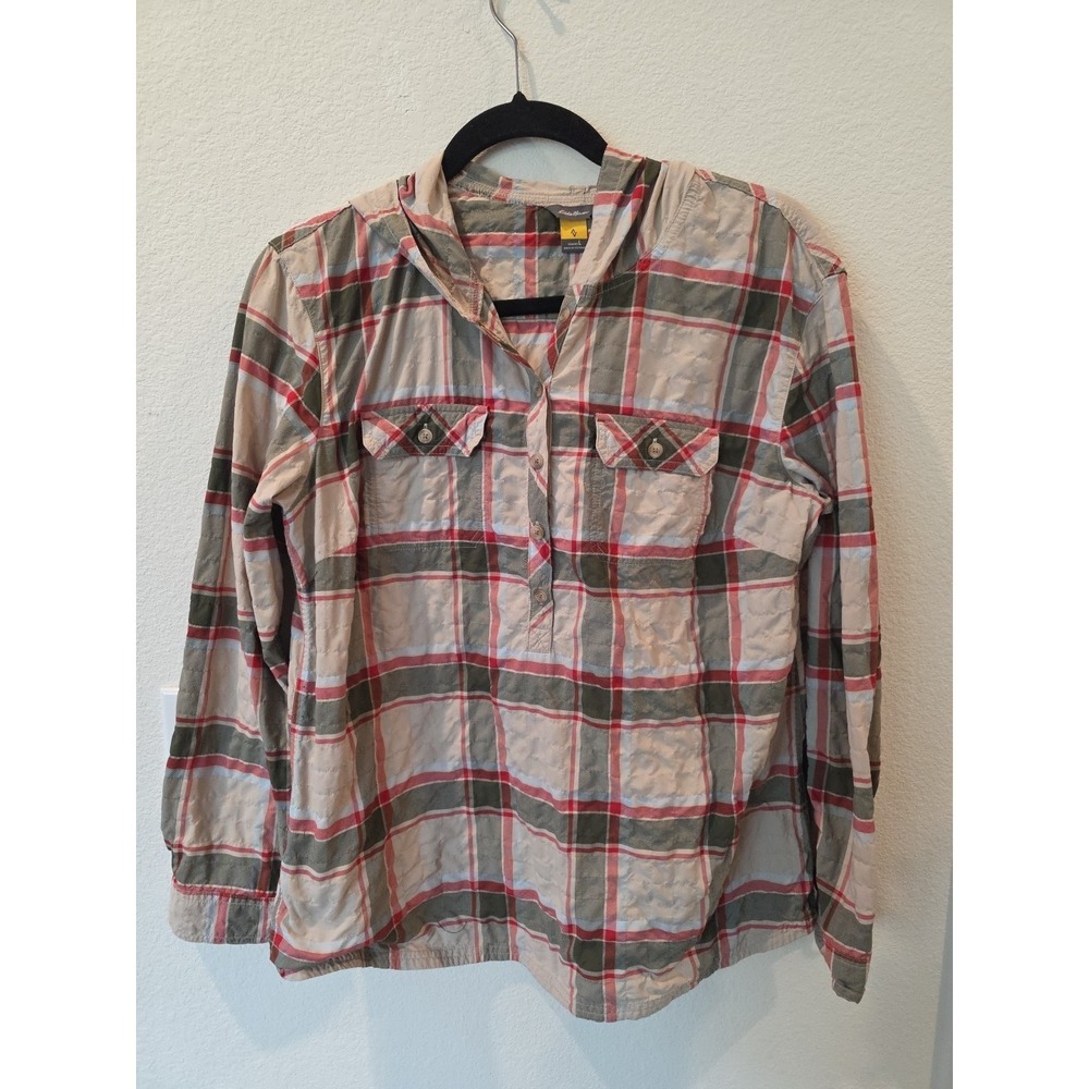 Eddie Bauer Women Trail Hoodie Pullover Sz L Ripstop Fabric Red Tan Plaid RARE!!